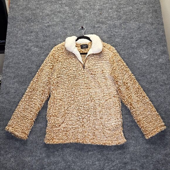 Love Tree Pullover Womens Medium Tan Sherpa Fleece Quarter Zip Faux Fur Pockets - Picture 1 of 8